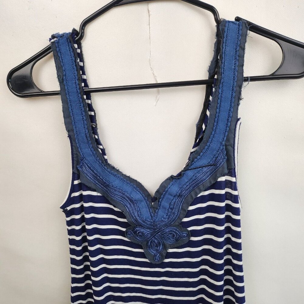 Vintage Free People Womens BOHO Tank Top XS Blue White Embroidered Striped - Picture 2 of 9